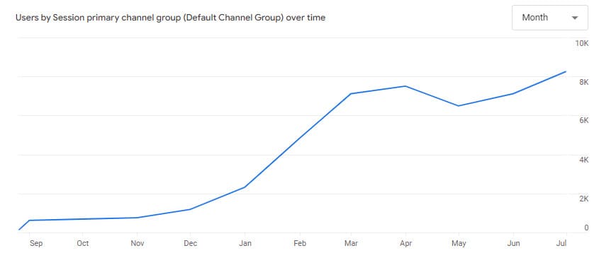 Monthly organic traffic steadily increased, reflecting the effectiveness of our SEO strategy. By July 2024, traffic grew by 33.99%, reaching 9,539 monthly visitors, compared to 7,119 in June.